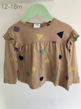 🪴5/$30 Zara 12-18 Months Toddler Girl Shapes Brown Tan Long Sleeve Top Fall